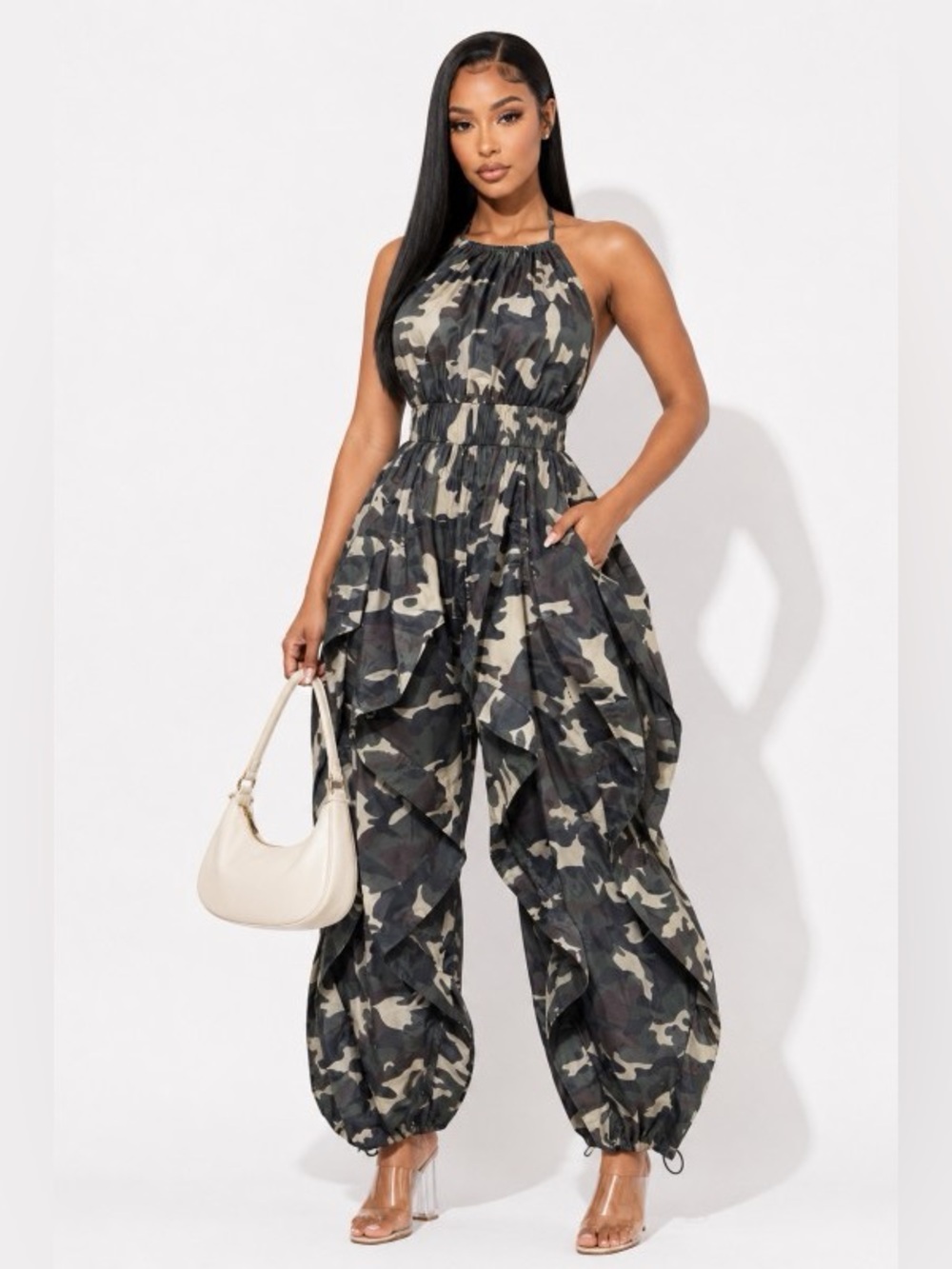 Camo Print Wavy Ruffle Halter Jumpsuit